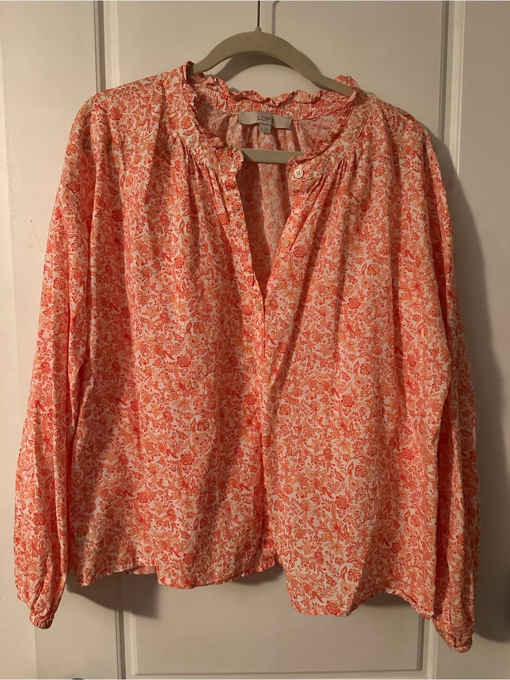 LOFT Coral and White Floral Ruffle Neck Blouse